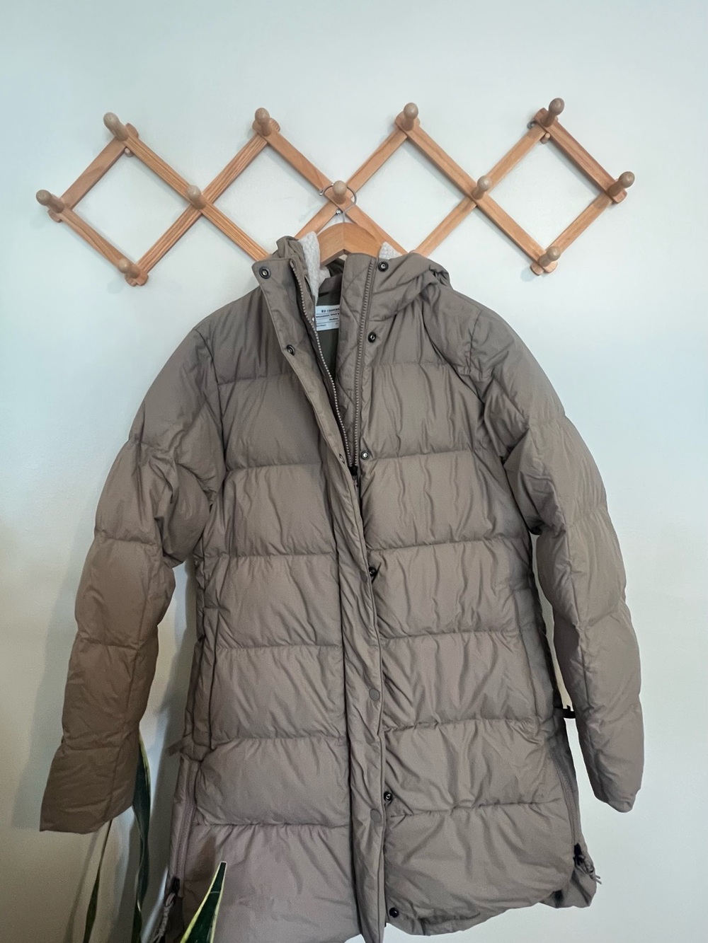 REI Womens Hooded Long Puffer Coat in Taupe Brown